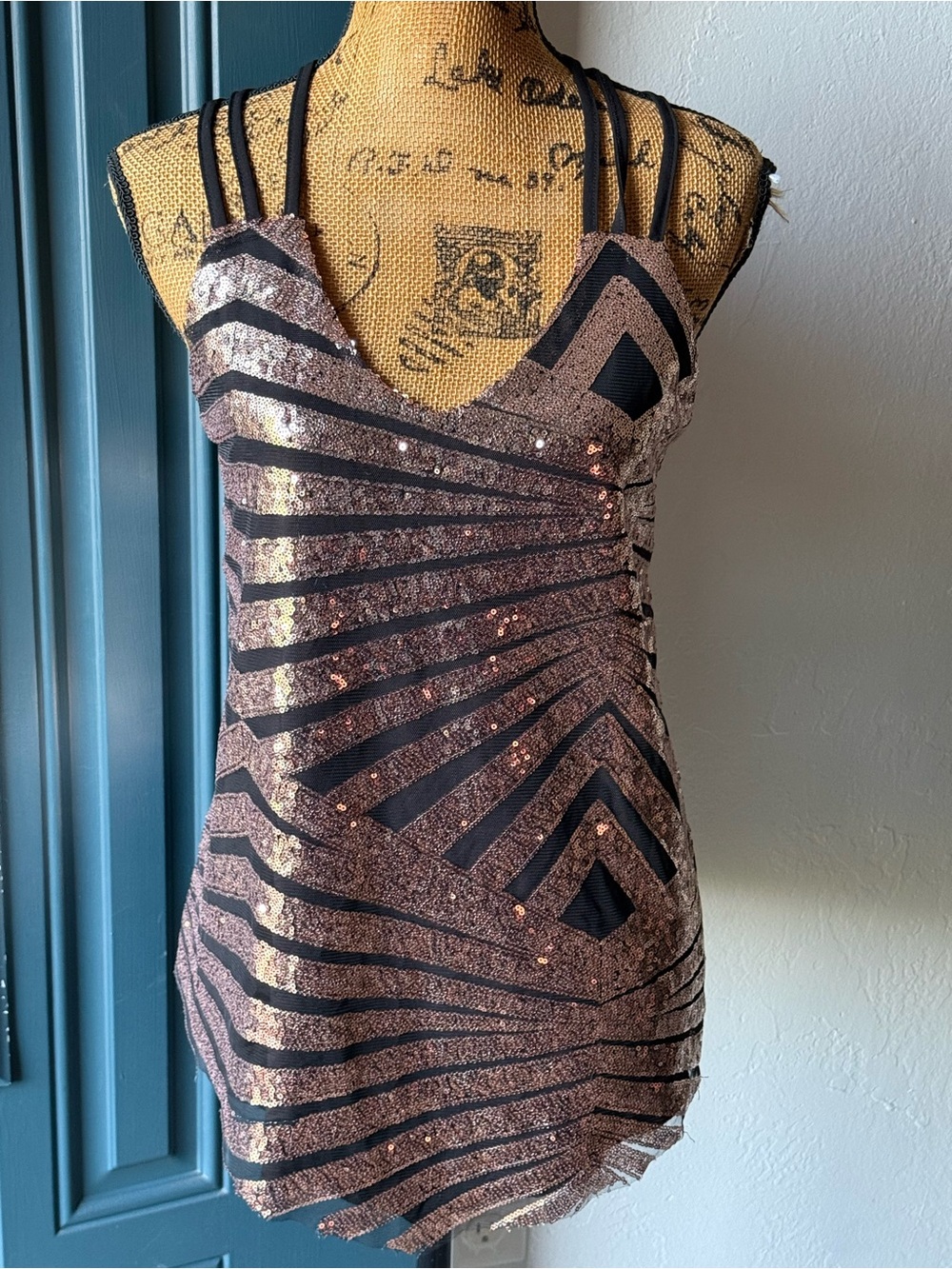 Sequin Chevron Mini Dress in Rose Gold and Black